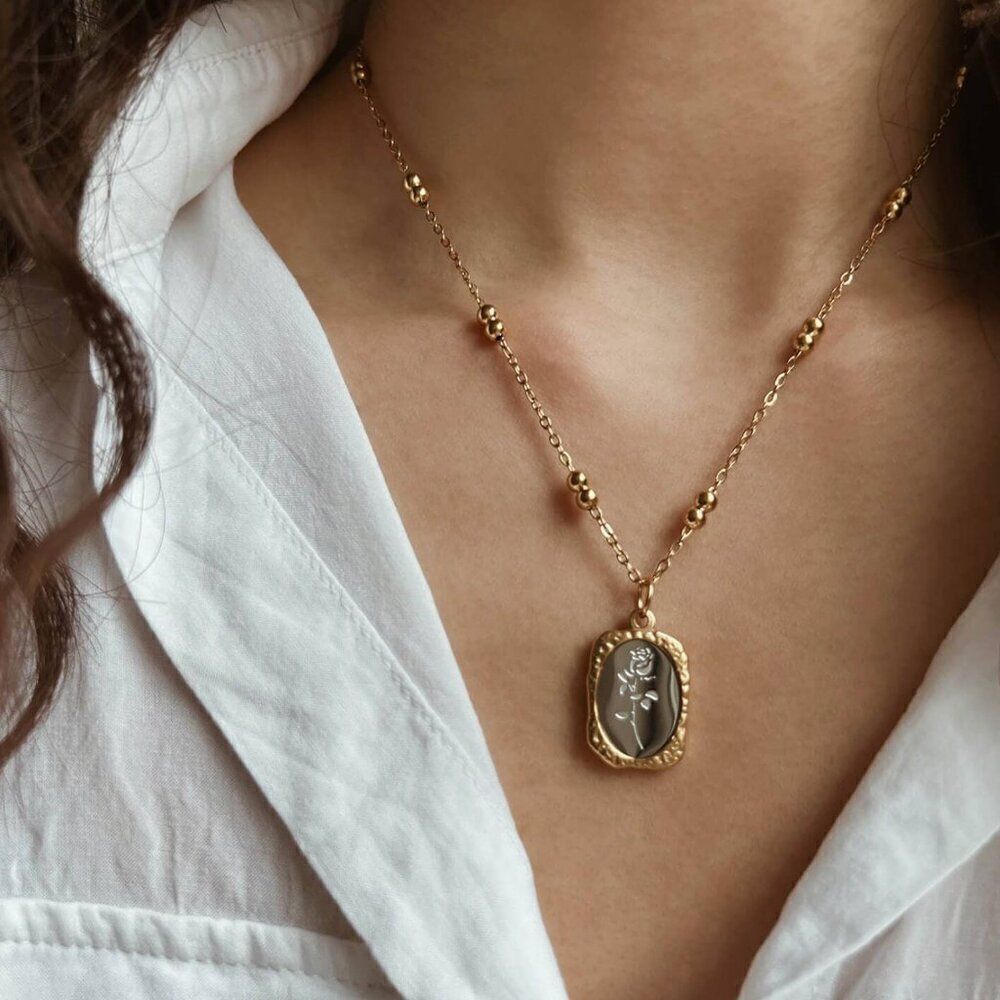 Two-Toned Gold and Silver Embossed Mirror Rose Pendant Necklace